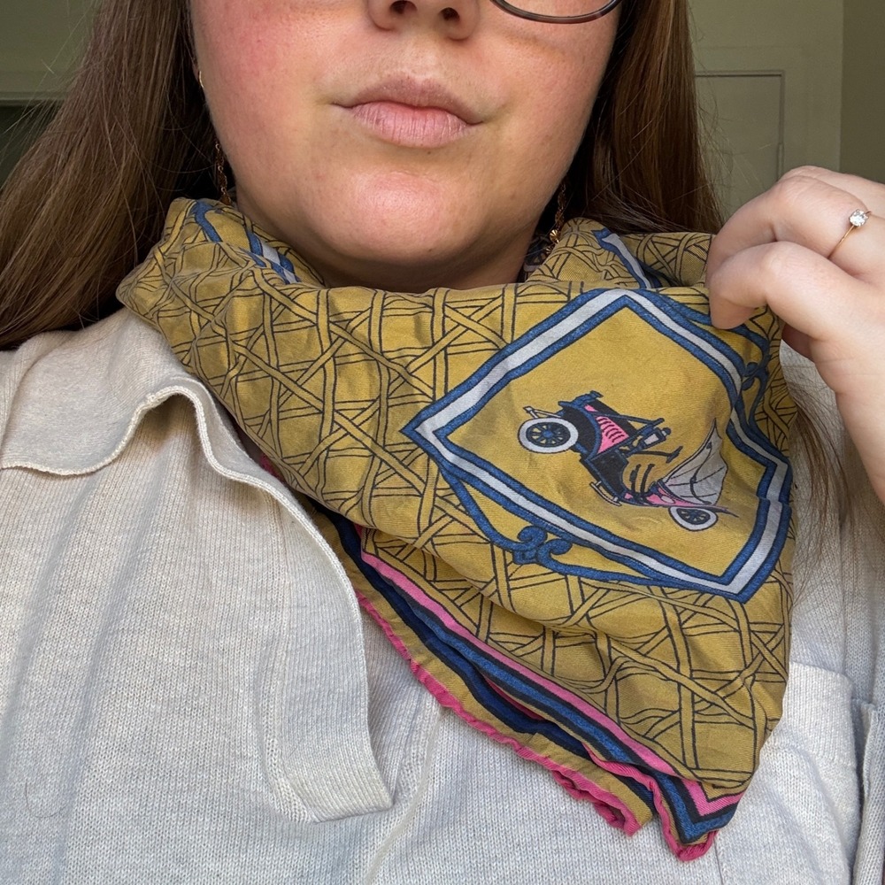 Antique Model T Car Print Scarf Women Size OS Mustard Pink Silk Feel Art Deco